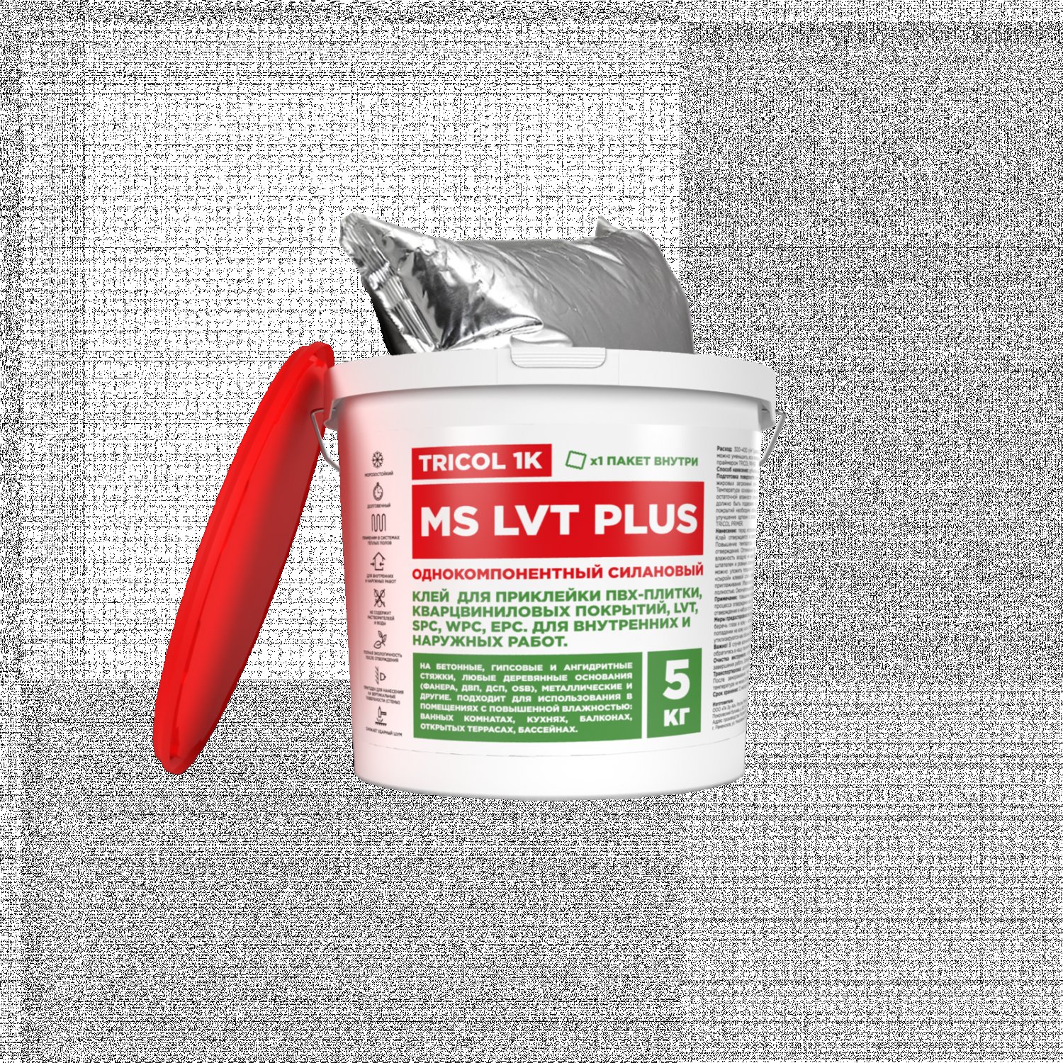 Клей для ПВХ Клей для ПВХ, SPC, WPC, EPC и кварцвиниловых покрытий TRICOL 1K MS LVT PLUS 5 кг